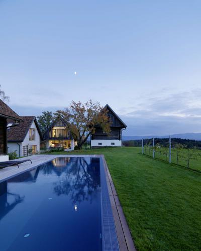 Tágas kert medencével - medence / jakuzzi ötlet, modern stílusban