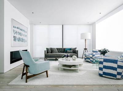 Fehér kék nappali - nappali ötlet, modern stílusban
