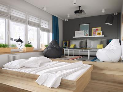Rejtett ágy a nappaliban - nappali ötlet, modern stílusban