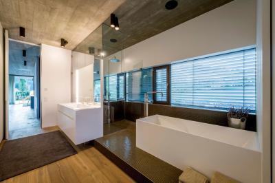 Üvegfallal leválasztott fürdő - fürdő / WC ötlet, modern stílusban