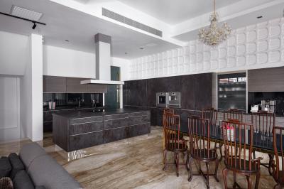 Márványpadló és csillár a konyhában - konyha / étkező ötlet, modern stílusban