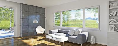 Teraszajtó és nagyméretű ablak a nappaliban - nappali ötlet, modern stílusban