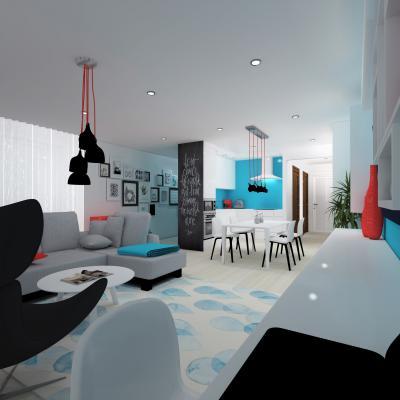 Hideg színek kevés pirossal - nappali ötlet, modern stílusban