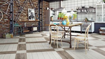 Lapra szerelt vinyl padló a loft lakásban felhasználva - konyha / étkező ötlet, modern stílusban