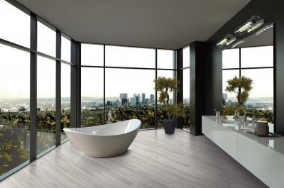 Elegáns fürdőszoba vinyl padlóval - fürdő / WC ötlet, modern stílusban