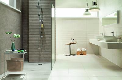 Szürke és fehér csempe a fürdőben - fürdő / WC ötlet, modern stílusban