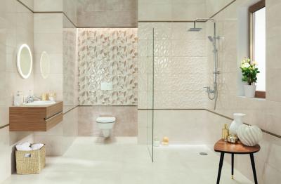 Elegáns fürdőszoba látványos burkolatokkal - fürdő / WC ötlet, modern stílusban