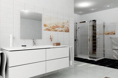 Minimál stílusú fürdő dekoratív hidegburkolattal - fürdő / WC ötlet, modern stílusban