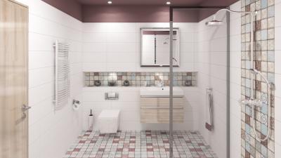 Fehér és dekorcsempe váltakozása - fürdő / WC ötlet, modern stílusban