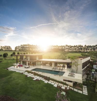 Modern lakóház lapostetővel - homlokzat ötlet, modern stílusban