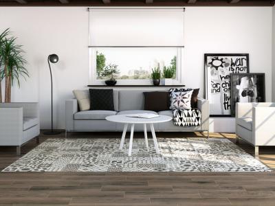 Szőnyeghatású hidegburkolat a padlón - nappali ötlet, modern stílusban