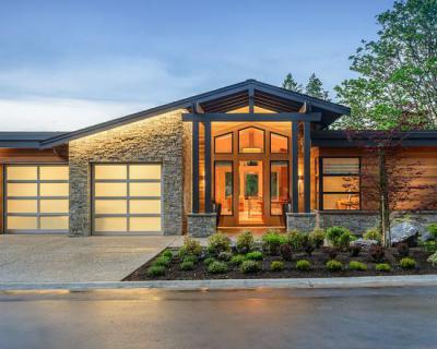 Dupla garázzsal - homlokzat ötlet, modern stílusban