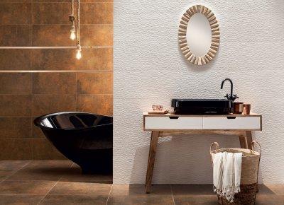 Fehér és rozsdaszínű csempe - fürdő / WC ötlet, modern stílusban