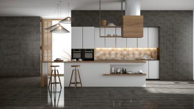 Szürke hidegburkolat - konyha / étkező ötlet, modern stílusban