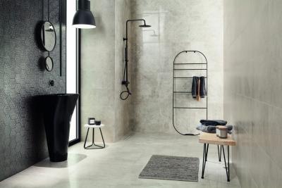 Kőhatású és méhsejt alakú csempe - fürdő / WC ötlet, modern stílusban