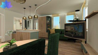 Modern kis ház nappali étkező-konyha mozgatható tv tartóval - konyha / étkező ötlet, modern stílusban