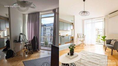 Budapesti lakás eladásra felkészítése - Home Staging előtte utána - nappali - konyha - konyha / étkező ötlet, modern stílusban