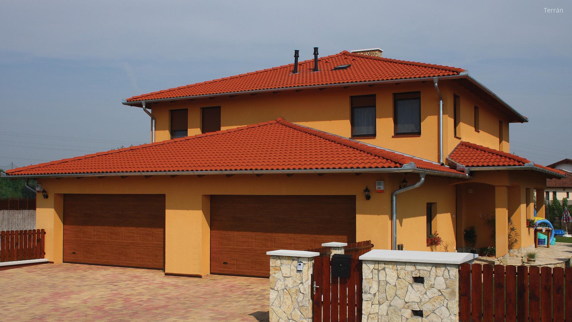 Piros beton tetőcserepek a modern lakóházon - tető ötlet, modern stílusban