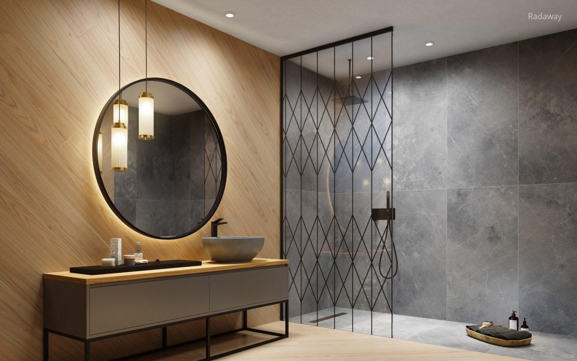 Fekete walk-in zuhanyfal print nyomattal - fürdő / WC ötlet, modern stílusban