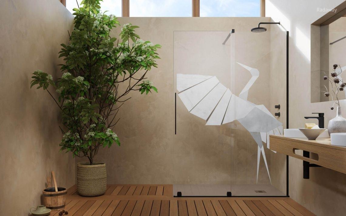 Fekete walk-in zuhanyfal print nyomattal - fürdő / WC ötlet, modern stílusban