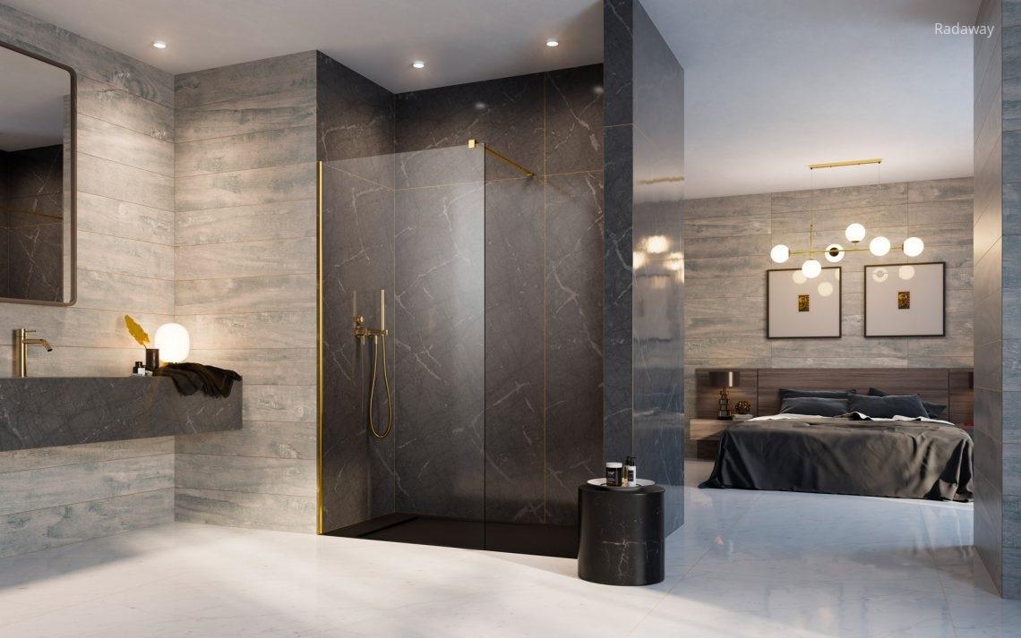 Zuhanyfal arany profillal - fürdő / WC ötlet, modern stílusban