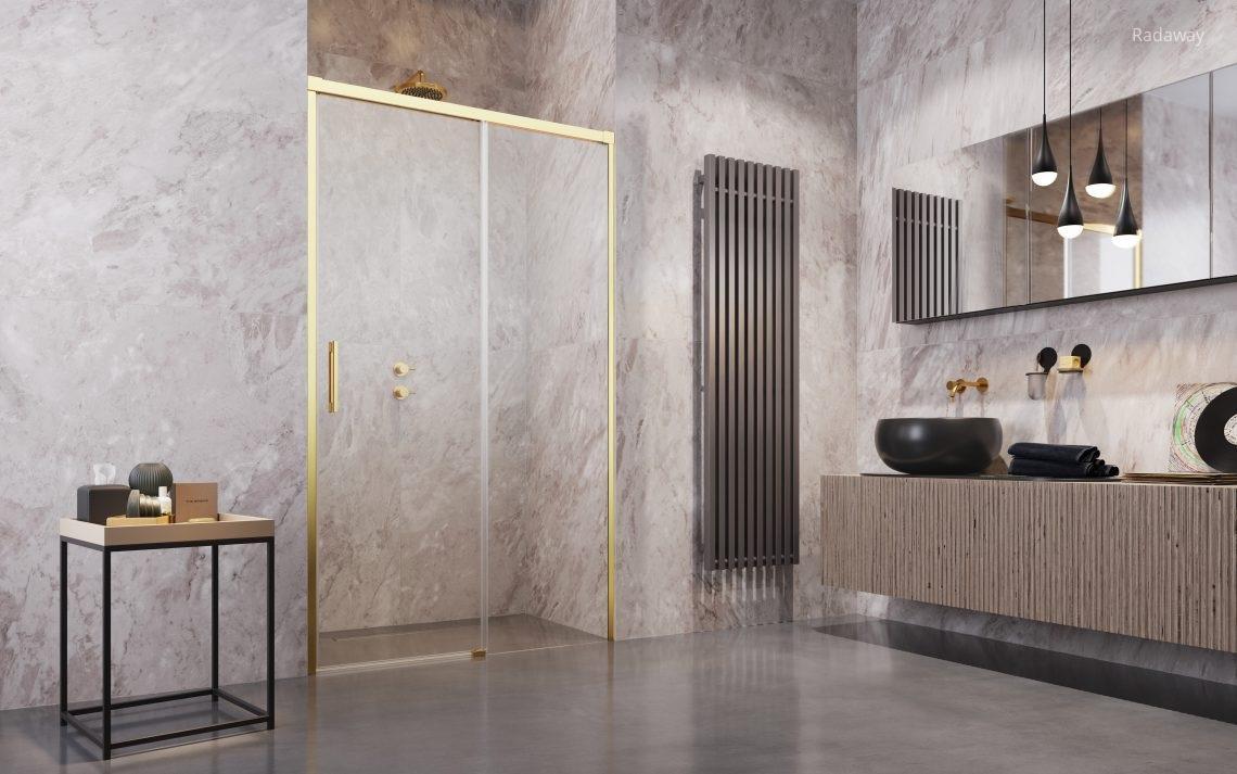 Zuhanyajtó arany profillal - fürdő / WC ötlet, modern stílusban
