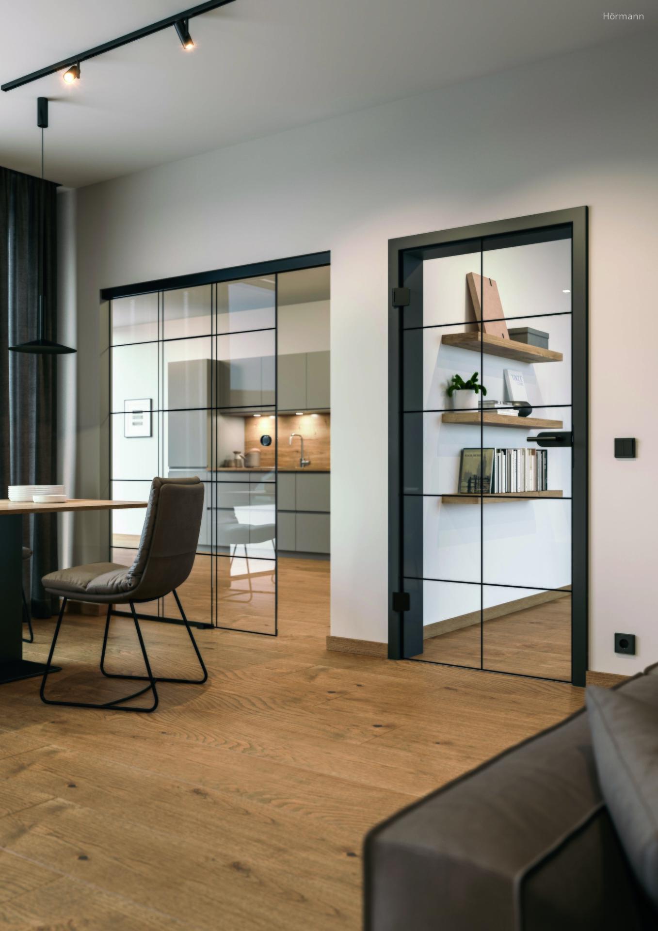 Különleges üveg beltéri ajtók - dolgozószoba ötlet, minimál stílusban