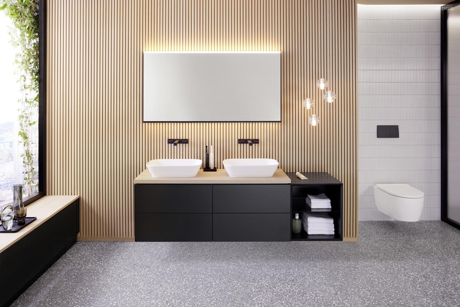Matt fekete fürdőszobabútor és működtetőlap - fürdő / WC ötlet, modern stílusban