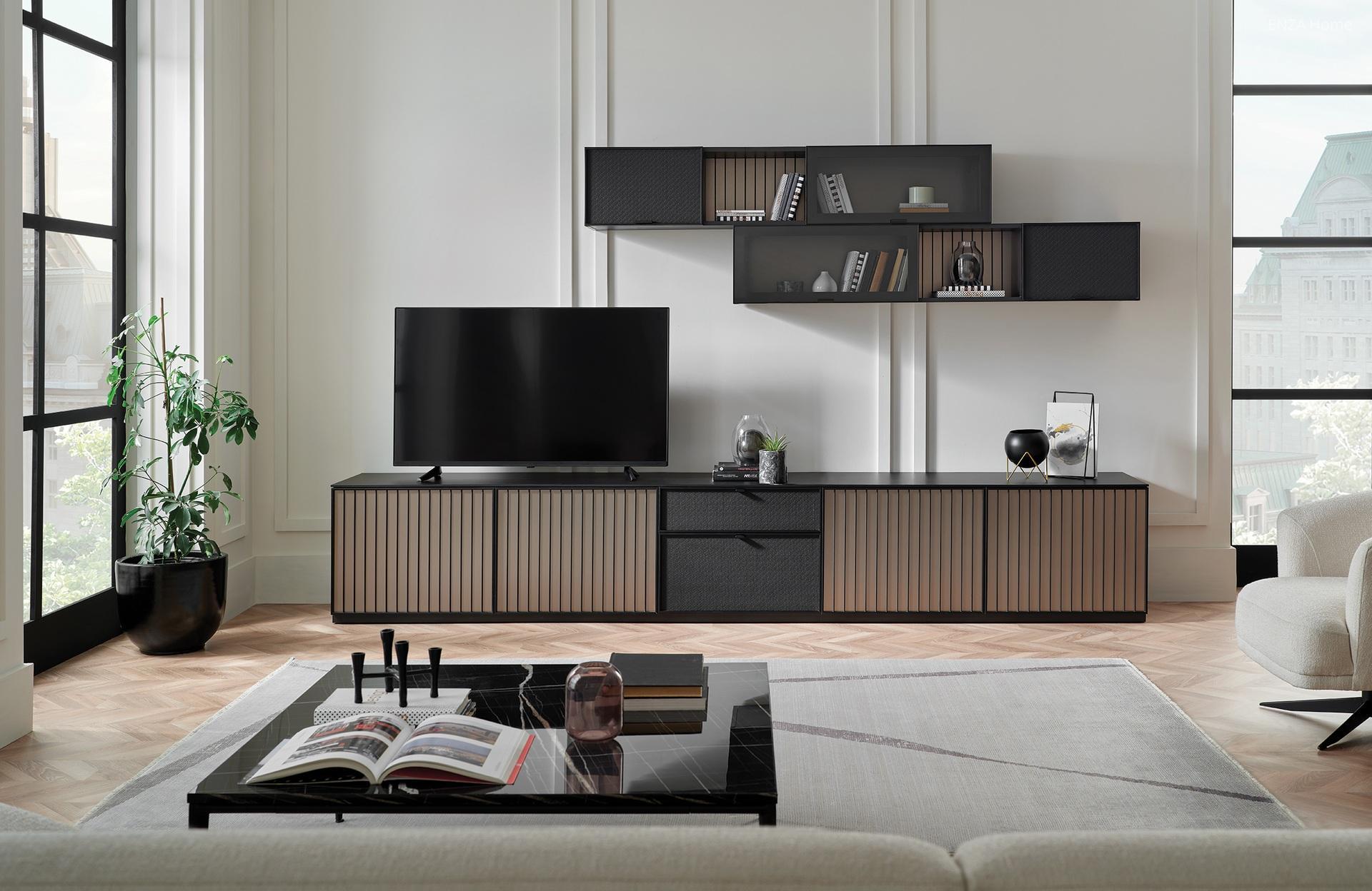 Amikor fém- és bőrhatású felület a szekrénysor éke - nappali ötlet, modern stílusban