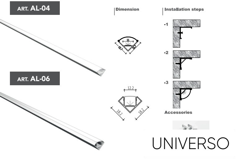 UNIVERSO sarokhoz aluprofil matt fehér fedlappal 2m 45° 15.7*15.7mm