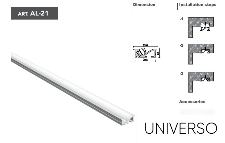 UNIVERSO gipszkartonba süllyeszthető aluprofil matt fehér fedlappal 2m 20.8*8.8mm