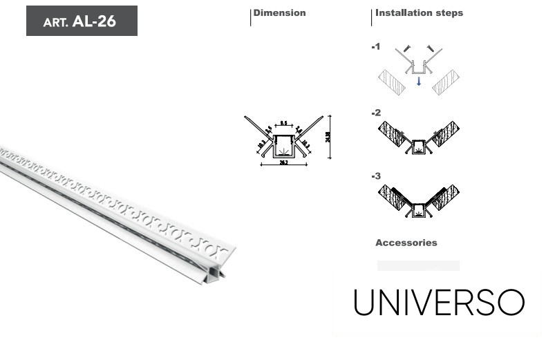 UNIVERSO Belső sarok aluprofil matt fedlappal 2m 50*24.38mm