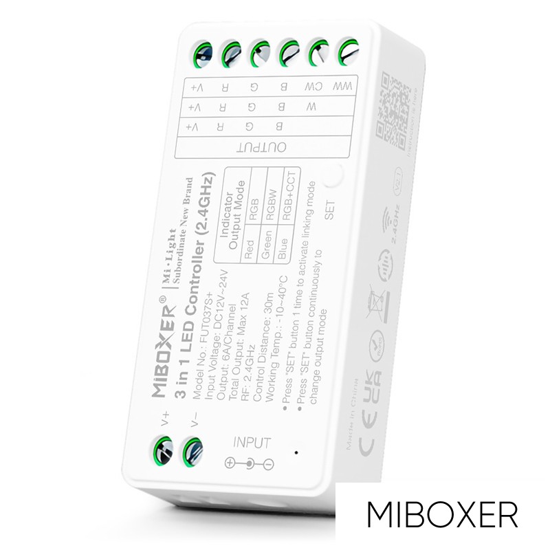 MIBOXER 3in1 RF 2.4G RGB/RGBW/RGB-CCT LED Szalaghoz Vezérlő DC:12-24V Max:12A