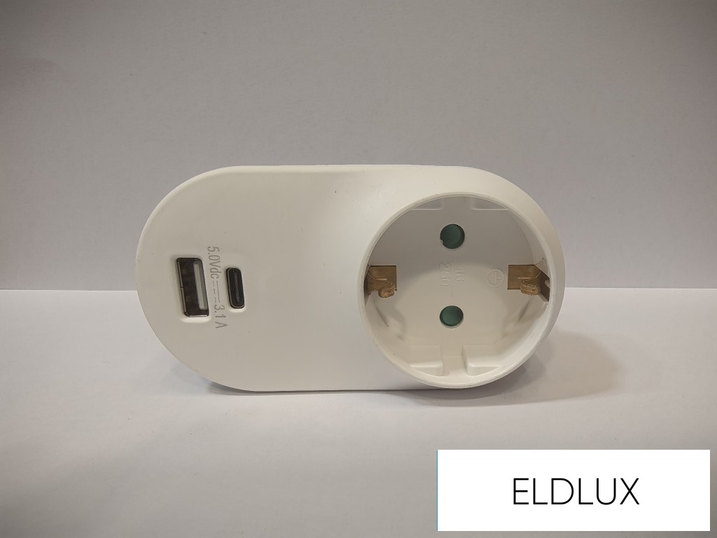 Elosztó 1x type F + 1x USB type A + 1x USB type-C IP20