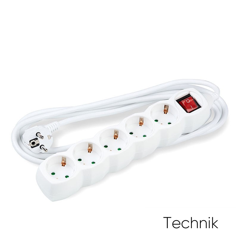 Technik elosztó 5 utas 1.5m kábellel 1.5mm2 rézkábel + kapcsoló (fehér) 16A