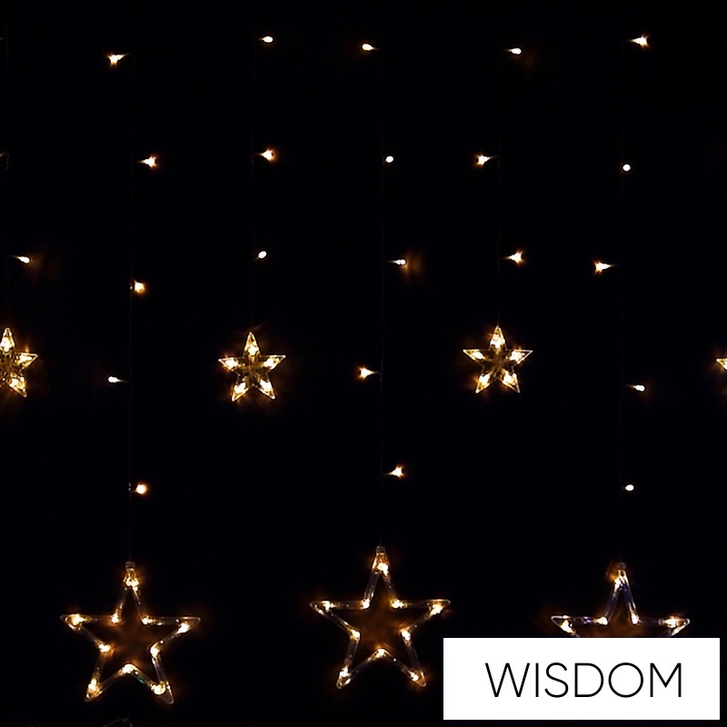 WISDOM fényfüzér meleg fényű 230LED 10db csillag 4x1m átlátszó kábellel Max Cs. 4db 8 fun. IP44