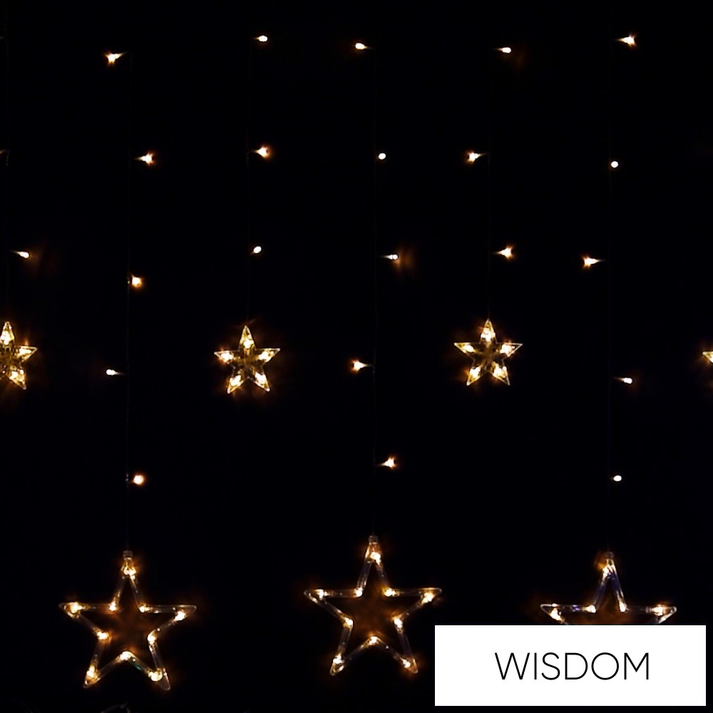 WISDOM fényfüzér meleg fényű 168LED 10db csillag 3x1.6m átlátszó kábellel Max Cs. 4db 8 fun. IP44