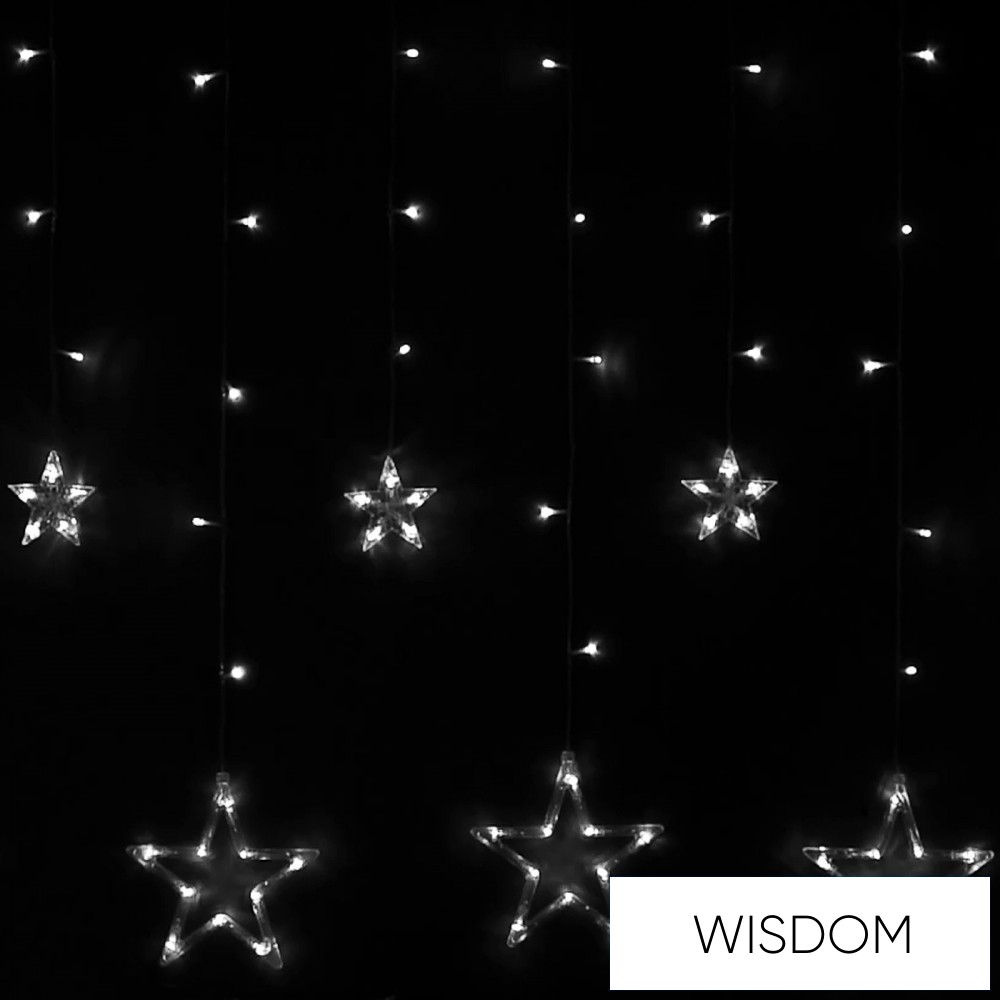 WISDOM fényfüzér hideg fényű 168LED 10db csillag 3x1.6m átlátszó kábellel Max Cs. 4db 8 fun. IP44